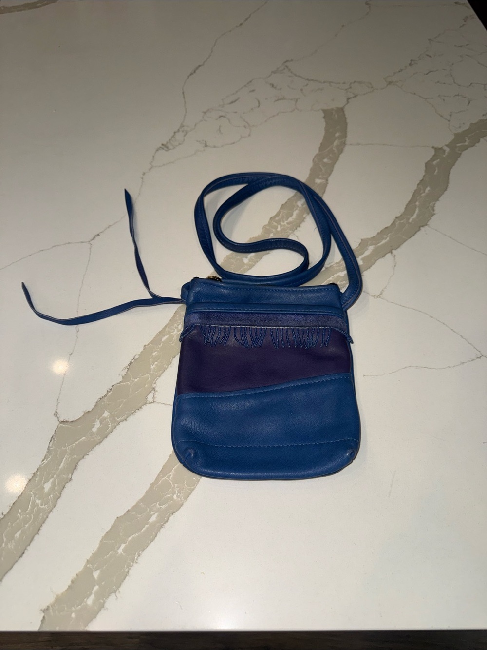 Handmade by Pat HALPIN Genuine Leather Vintage Blue Crossbody Fringe Accent Bag